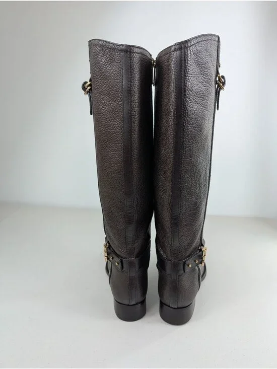 Tory Burch Elina Riding boots brown leather gold tone logo turnblock size 8.5 - Picture 4 of 10